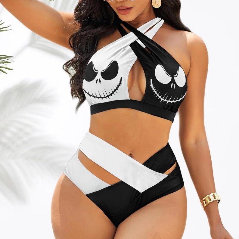 Jack-Skellington-Womens-2PCS-Bikini-Swimsuit-Crisss-Cross-Cutout-Bathing-Suit-EBN1055 Jack Skellington Women's 2PCS Bikini Swimsuit Crisss Cross Cutout Bathing Suit EBN1055