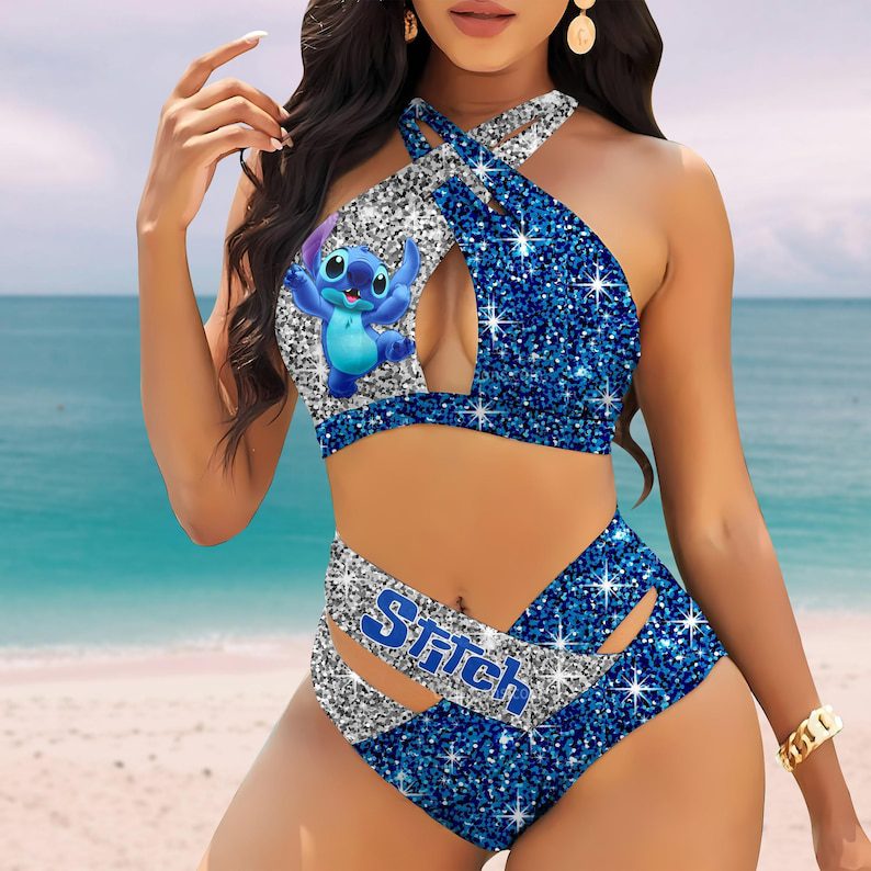 Lilo-Stitch-Faux-Glitter-Womens-2PCS-Bikini-Swimsuit-Crisss-Cross-Cutout-Bathing-Suit-EBN1032 Lilo & Stitch Faux Glitter Women's 2PCS Bikini Swimsuit Crisss Cross Cutout Bathing Suit EBN1032