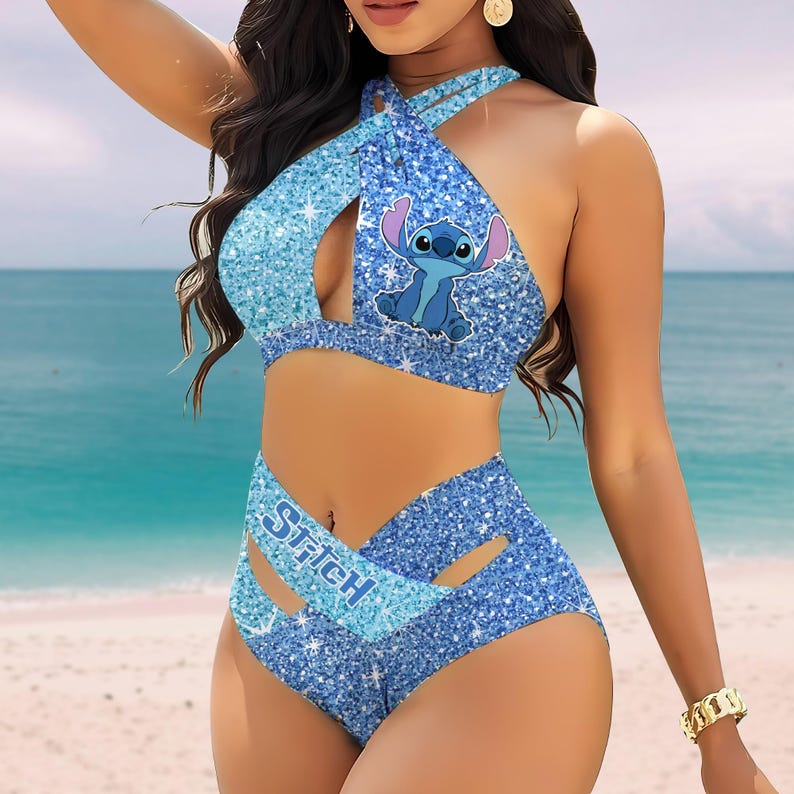 Lilo-Stitch-Glitter-Printed-Womens-2PCS-Bikini-Swimsuit-Crisss-Cross-Cutout-Bathing-Suit-EBN1069-1