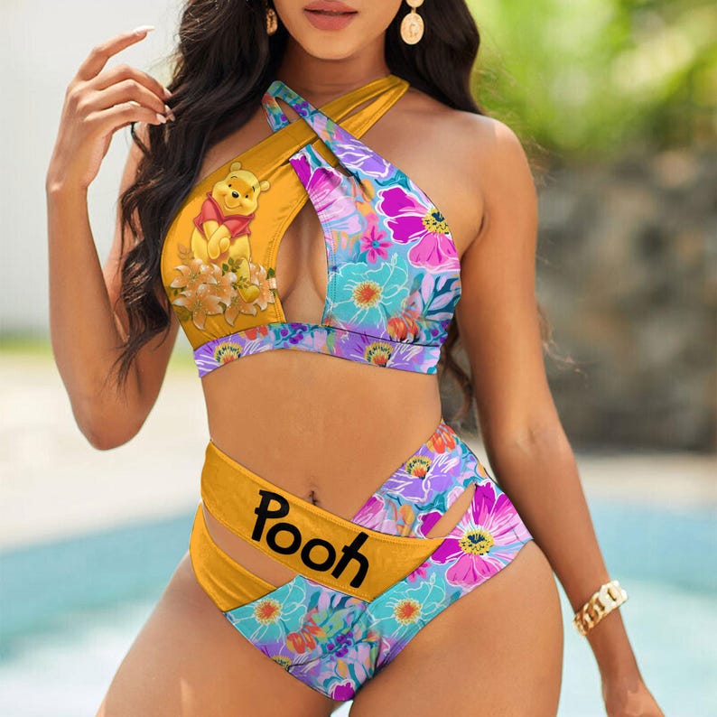 Winnie-the-Pooh-Flower-Womens-2PCS-Bikini-Swimsuit-Crisss-Cross-Cutout-Bathing-Suit-EBN1041 Winnie-the-Pooh Flower Women's 2PCS Bikini Swimsuit Crisss Cross Cutout Bathing Suit EBN1041