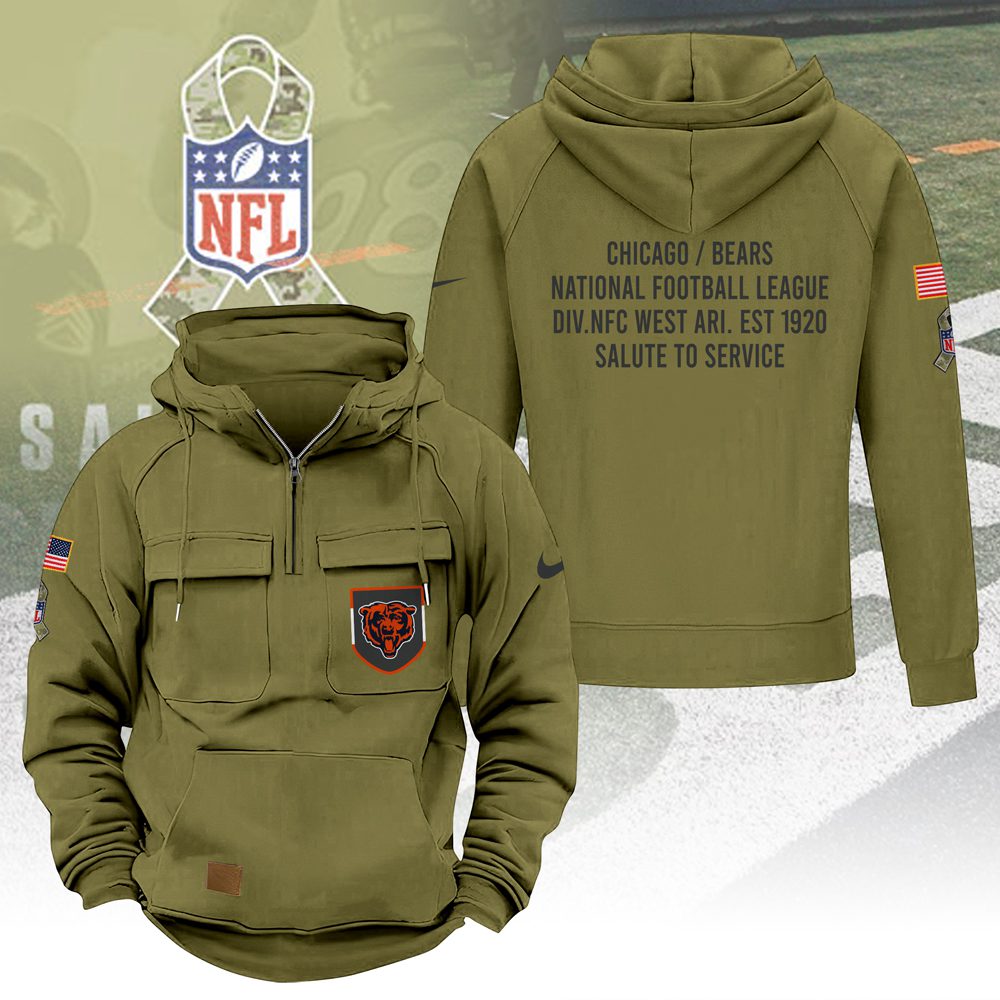 Chicago-Bears-2025-Salute-to-Service-Military-Green-Vintage-Quarter-Zip-Hoodie Chicago Bears 2025 Salute to Service Military Green Vintage Quarter Zip Hoodie