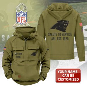 Personalized Carolina Panthers 2025 Salute to Service Military Green Vintage Quarter Zip Hoodie