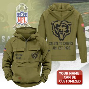 Personalized Chicago Bears 2025 Salute to Service Military Green Vintage Quarter Zip Hoodie