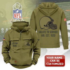 Personalized Cleveland Browns 2025 Salute to Service Military Green Vintage Quarter Zip Hoodie