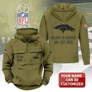 Personalized Denver Broncos 2025 Salute to Service Military Green Vintage Quarter Zip Hoodie