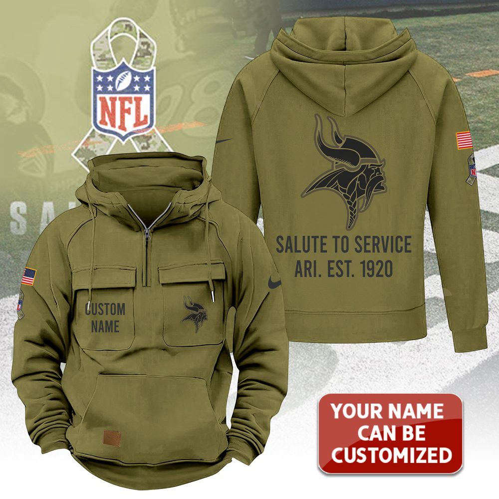 Personalized-Minnesota-Vikings-2025-Salute-to-Service-Military-Green-Vintage-Quarter-Zip-Hoodie Personalized Minnesota Vikings 2025 Salute to Service Military Green Vintage Quarter Zip Hoodie