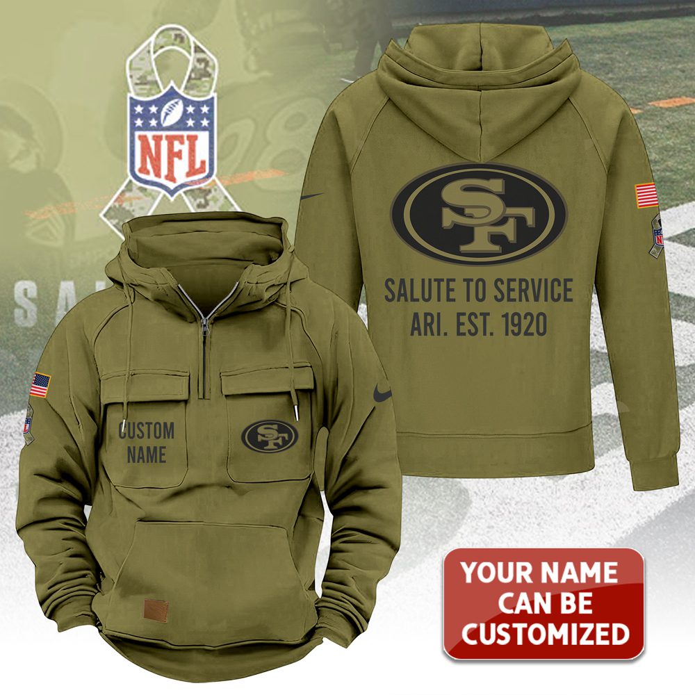 Personalized-San-Francisco-49ers-2025-Salute-to-Service-Military-Green-Vintage-Quarter-Zip-Hoodie-1