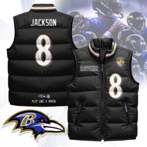Baltimore Ravens Unisex Puffer Vest Sleeveless Down Jacket- Black / Lamar Jackson - 8