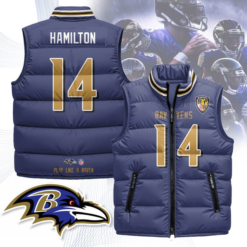 Baltimore-Ravens-Unisex-Puffer-Vest-Sleeveless-Down-Jacket-Purple-Kyle-Hamilton-14 Baltimore Ravens Unisex Puffer Vest Sleeveless Down Jacket- Purple / Kyle Hamilton - 14
