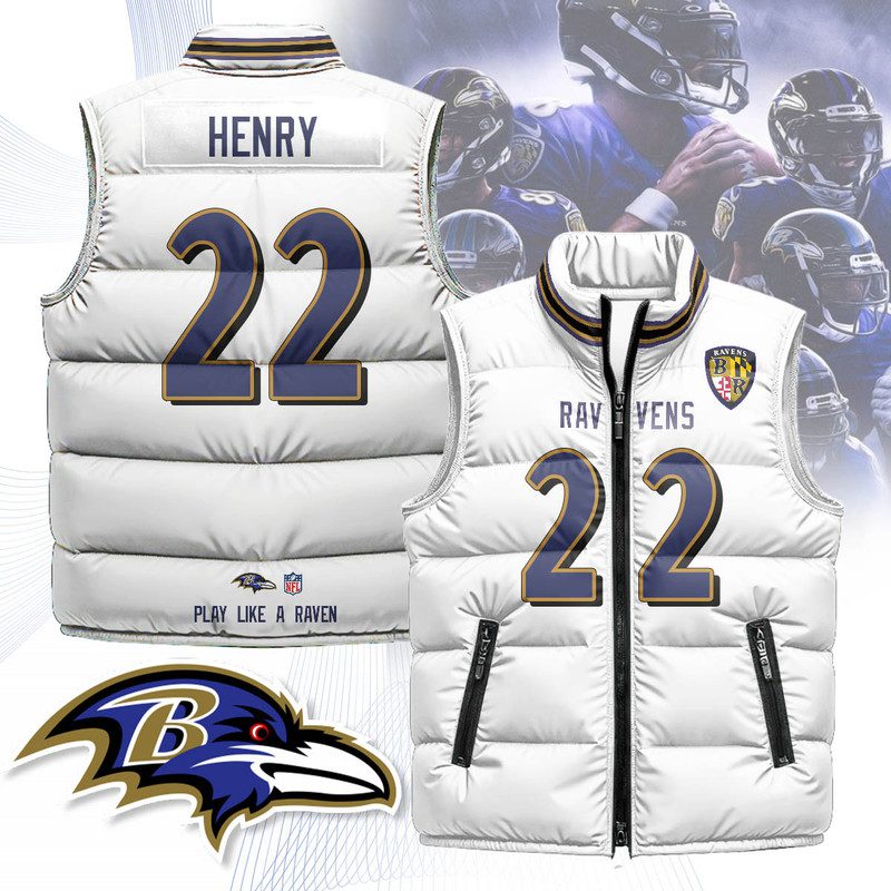 Baltimore-Ravens-Unisex-Puffer-Vest-Sleeveless-Down-Jacket-White-Derrick-Henry-22 Baltimore Ravens Unisex Puffer Vest Sleeveless Down Jacket- White / Derrick Henry - 22