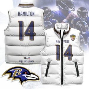Baltimore Ravens Unisex Puffer Vest Sleeveless Down Jacket- White / Kyle Hamilton - 14