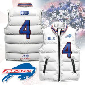 Buffalo Bills Unisex Puffer Vest Sleeveless Down Jacket- White / James Cook - 4