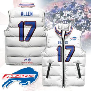 Buffalo Bills Unisex Puffer Vest Sleeveless Down Jacket- White / Josh Allen - 17