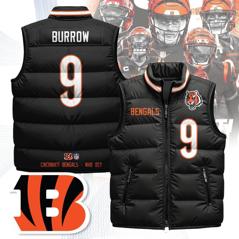 Cincinnati-Bengals-Unisex-Puffer-Vest-Sleeveless-Down-Jacket-Black-Joe-Burrow-9 Cincinnati Bengals Unisex Puffer Vest Sleeveless Down Jacket- Black / Joe Burrow - 9