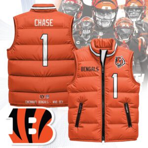 Cincinnati Bengals Unisex Puffer Vest Sleeveless Down Jacket- Orange / Ja'Marr Chase - 1