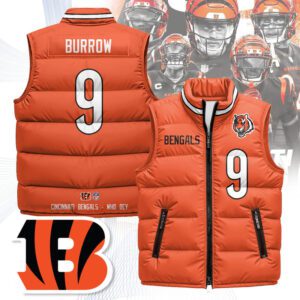 Cincinnati Bengals Unisex Puffer Vest Sleeveless Down Jacket- Orange / Joe Burrow - 9
