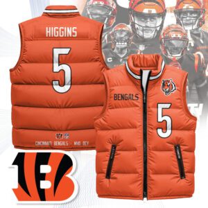 Cincinnati Bengals Unisex Puffer Vest Sleeveless Down Jacket- Orange / Tee Higgins - 5
