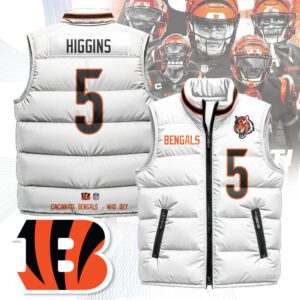 Cincinnati Bengals Unisex Puffer Vest Sleeveless Down Jacket- White / Tee Higgins - 5