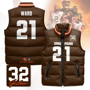 Cleveland Browns Unisex Puffer Vest Sleeveless Down Jacket- Brown / Denzel Ward-21