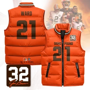 Cleveland Browns Unisex Puffer Vest Sleeveless Down Jacket- Orange / Denzel Ward-21