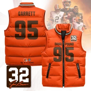Cleveland Browns Unisex Puffer Vest Sleeveless Down Jacket- Orange / Myles Garrett-95
