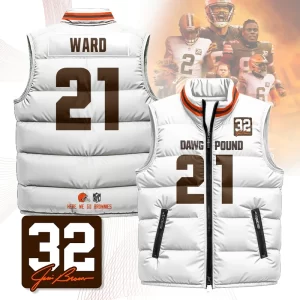 Cleveland Browns Unisex Puffer Vest Sleeveless Down Jacket- White / Denzel Ward-21