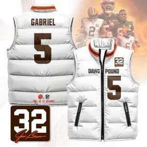 Cleveland Browns Unisex Puffer Vest Sleeveless Down Jacket- White / Dillon Gabriel-5