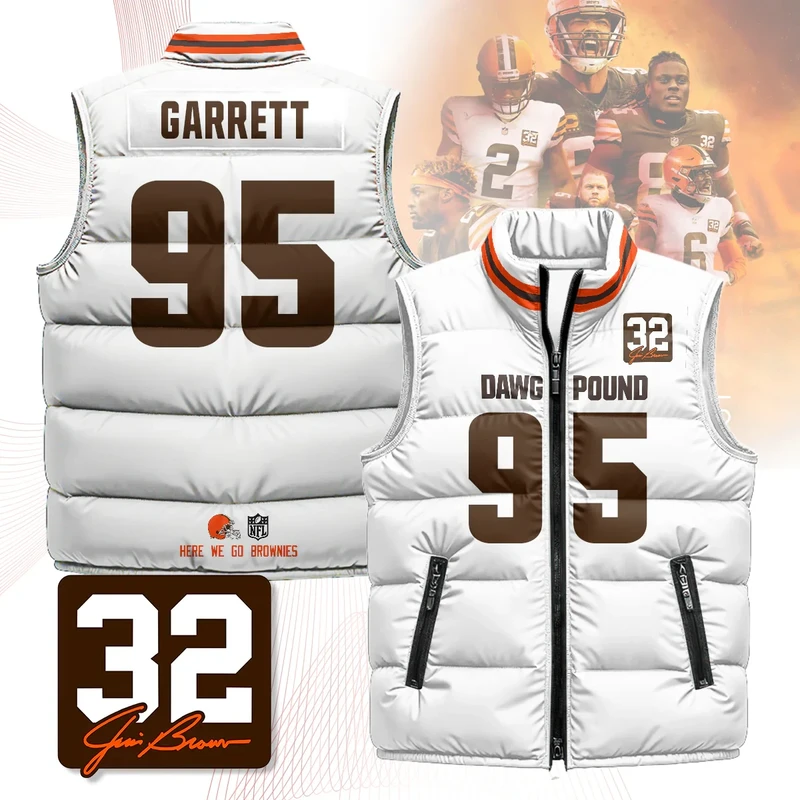 Cleveland-Browns-Unisex-Puffer-Vest-Sleeveless-Down-Jacket-White-Myles-Garrett-95 Cleveland Browns Unisex Puffer Vest Sleeveless Down Jacket- White / Myles Garrett-95