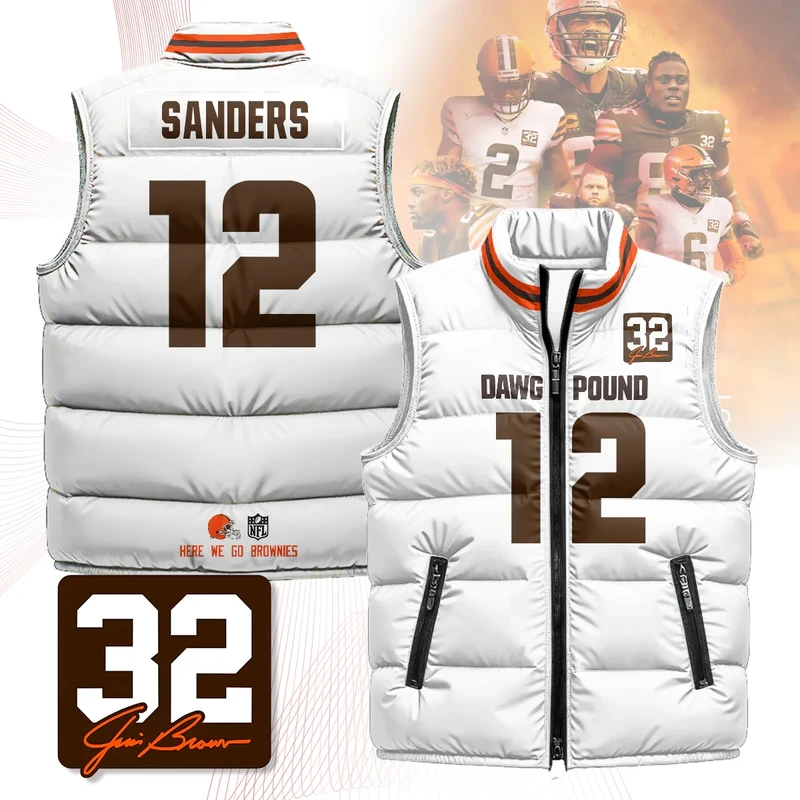Cleveland-Browns-Unisex-Puffer-Vest-Sleeveless-Down-Jacket-White-Shedeur-Sanders-12 Cleveland Browns Unisex Puffer Vest Sleeveless Down Jacket- White / Shedeur Sanders-12