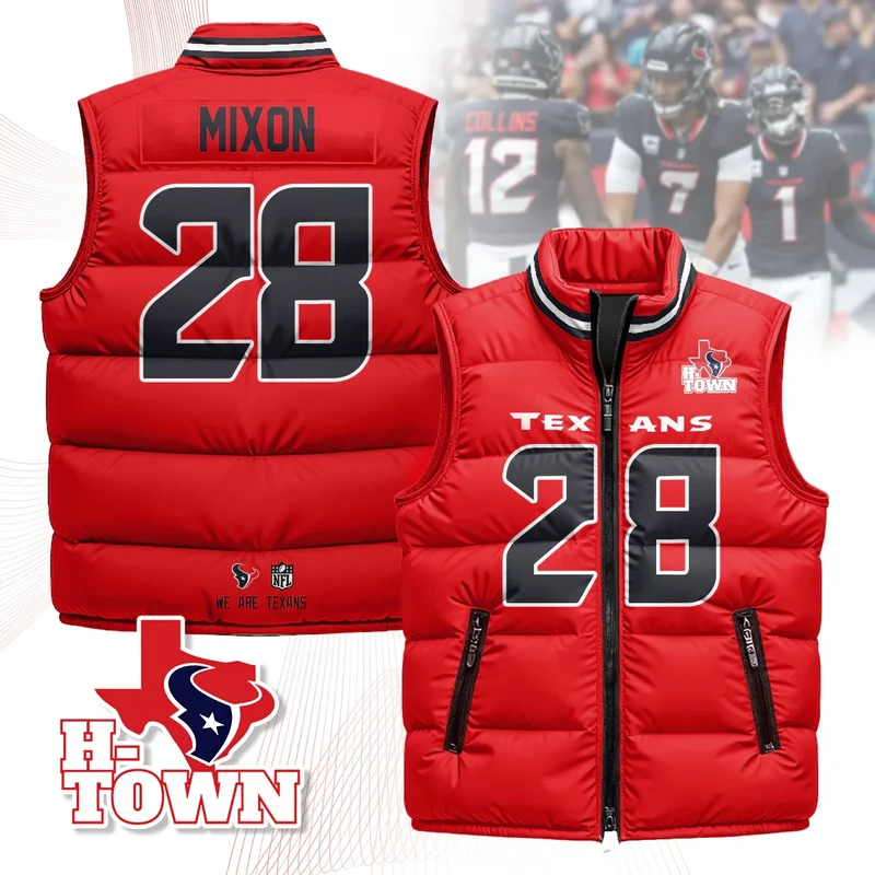 Houston-Texans-Unisex-Puffer-Vest-Sleeveless-Down-Jacket-Red-Joe-Mixon-28 Houston Texans Unisex Puffer Vest Sleeveless Down Jacket- Red / Joe Mixon-28