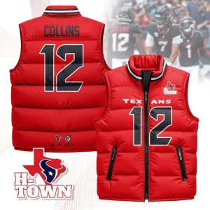 Houston Texans Unisex Puffer Vest Sleeveless Down Jacket- Red / Nico Collins-12
