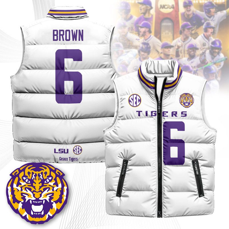 LSU-Tigers-Unisex-Puffer-Vest-Sleeveless-Down-Jacket-White-Barion-Brown-6 LSU Tigers Unisex Puffer Vest Sleeveless Down Jacket- White / Barion Brown - 6