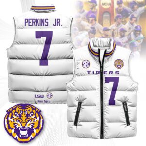 LSU Tigers Unisex Puffer Vest Sleeveless Down Jacket- White / Harold Perkins Jr. - 7