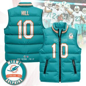 Miami Dolphins Unisex Puffer Vest Sleeveless Down Jacket- Aqua / Tyreek Hill - 10