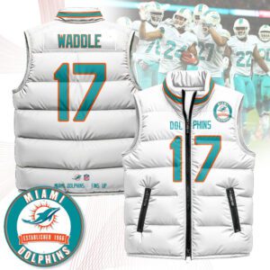 Miami Dolphins Unisex Puffer Vest Sleeveless Down Jacket- White / Jaylen Waddle - 17
