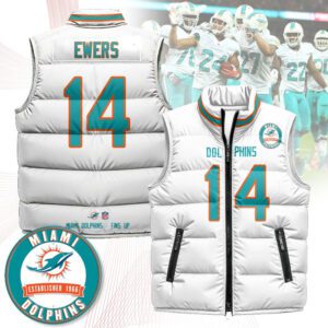 Miami Dolphins Unisex Puffer Vest Sleeveless Down Jacket- White / Quinn Ewers - 14