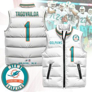 Miami Dolphins Unisex Puffer Vest Sleeveless Down Jacket- White / Tua Tagovailoa - 1