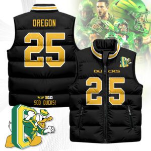 Oregon Ducks Unisex Puffer Vest Sleeveless Down Jacket- Black / Oregon - 25