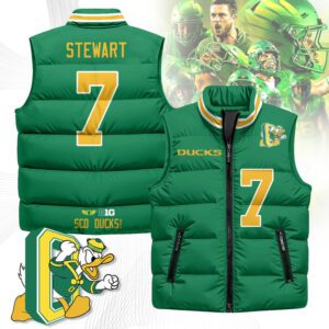 Oregon Ducks Unisex Puffer Vest Sleeveless Down Jacket- Green / Evan Stewart - 7