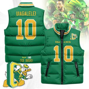 Oregon Ducks Unisex Puffer Vest Sleeveless Down Jacket- Green / Matayo Uiagalelei - 10