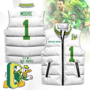 Oregon Ducks Unisex Puffer Vest Sleeveless Down Jacket- White / Dakorien Moore - 1