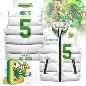 Oregon Ducks Unisex Puffer Vest Sleeveless Down Jacket- White / Dante Moore - 5
