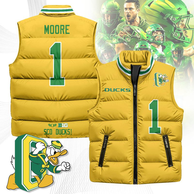 Oregon-Ducks-Unisex-Puffer-Vest-Sleeveless-Down-Jacket-Yellow-Dakorien-Moore-1 Oregon Ducks Unisex Puffer Vest Sleeveless Down Jacket- Yellow / Dakorien Moore - 1