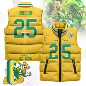 Oregon Ducks Unisex Puffer Vest Sleeveless Down Jacket- Yellow / Oregon - 25