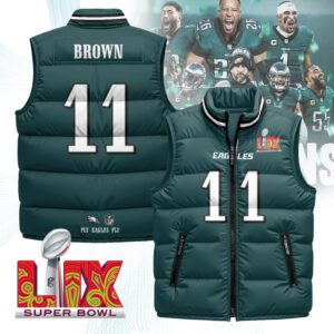 Philadelphia Eagles Unisex Puffer Vest Sleeveless Down Jacket- Green / A. J. Brown - 11