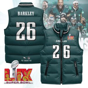 Philadelphia Eagles Unisex Puffer Vest Sleeveless Down Jacket- Green / Saquon Barkley - 26