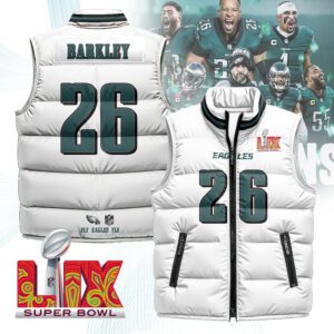 Philadelphia Eagles Unisex Puffer Vest Sleeveless Down Jacket- White / Saquon Barkley - 26