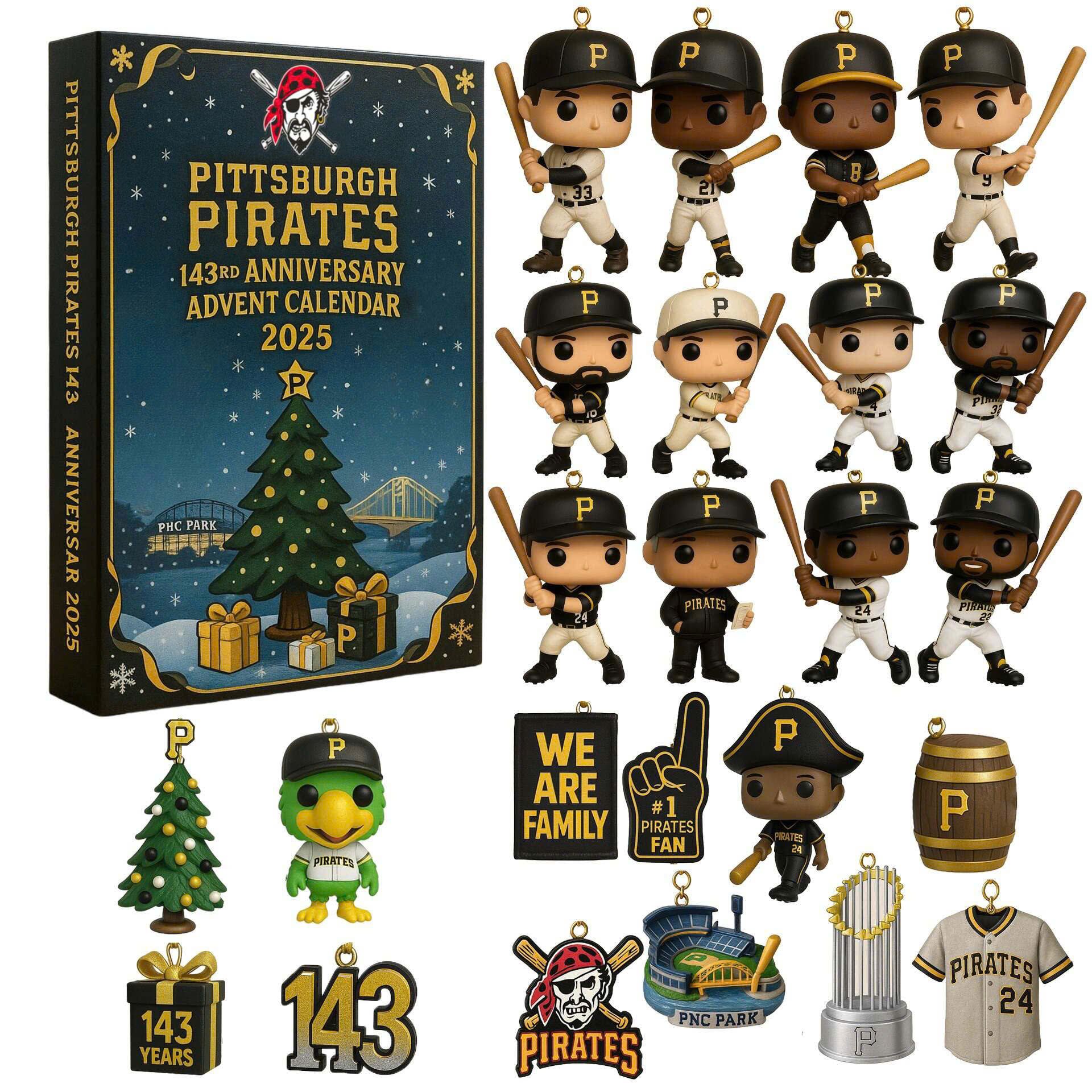 Pittsburgh-Pirates-143Th-Anniversary-Advent-Calendar-Acrylic-Hanging-Decor-Box-2025 Pittsburgh Pirates 143Th Anniversary Advent Calendar Acrylic Hanging Decor Box 2025