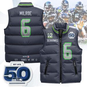 Seattle Seahawks Unisex Puffer Vest Sleeveless Down Jacket- Navy / Jalen Milroe - 6