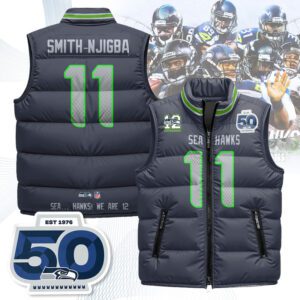Seattle Seahawks Unisex Puffer Vest Sleeveless Down Jacket- Navy / Jaxon Smith-Njigba - 11